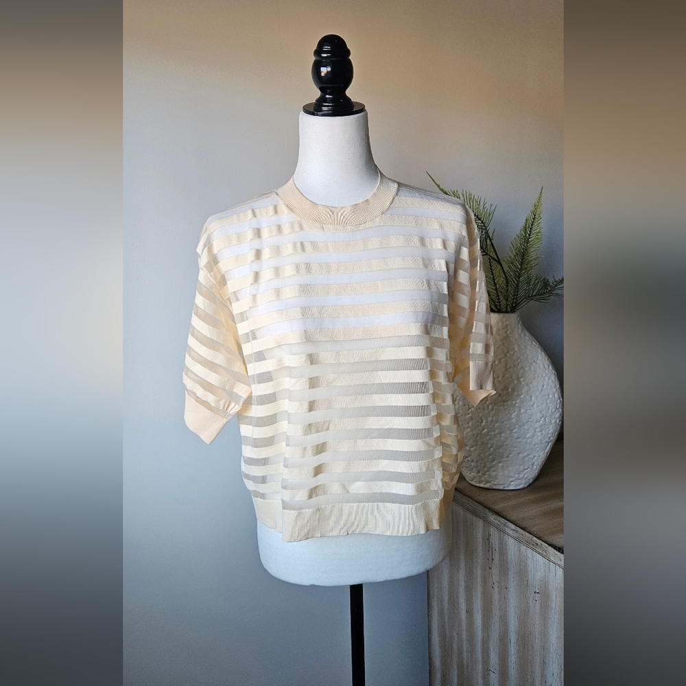 Mango Cream Sheer-Stripe Short Sleeve Top